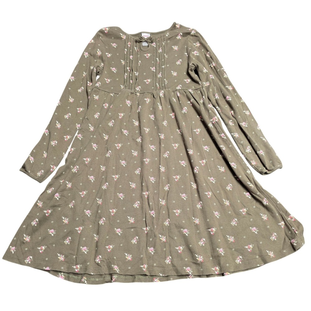 Gymboree Floral Pintuck Long Sleeve Cotton Dress Girl's Size 10 Olive Green